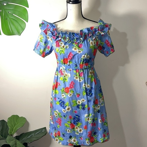 Love Moschino Picnic Print (Fruit & Floral) Cotton Off the Shoulder Dress Sz 2 - Picture 9 of 16